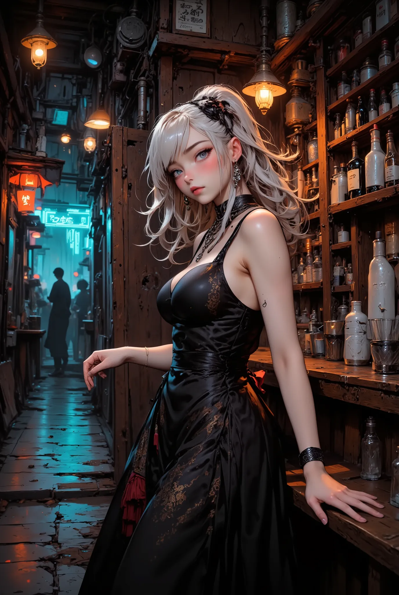 A waitress at a secluded bar