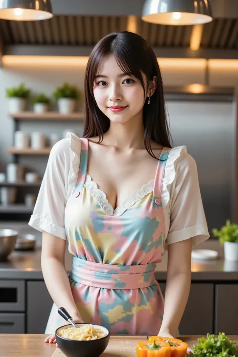 firm and big breasts, cleavage, medium close-up shot of a realistic young woman from waist up with head and shoulders fully visible, in a professional restaurant kitchen, wearing a pastel rainbow patterned apron over a white lace blouse with ruffled sleeve...