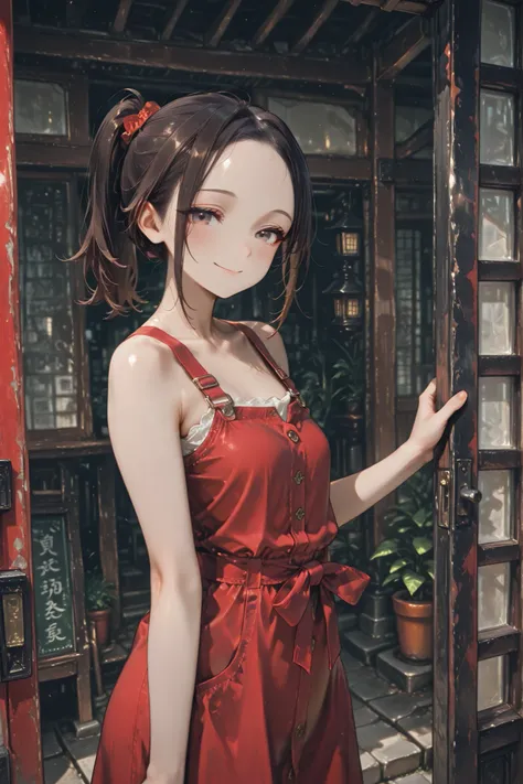 one girl,in a casual red dress,ponytail,Forehead,Hideaway bar,smile at viewers、Overall composition