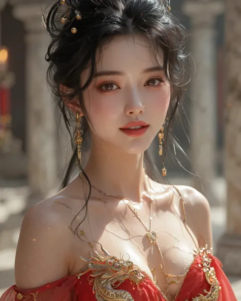 Photorealistic glamour headshot of a 25-year-old Chinese female, radiating natural beauty in a royal court setting. Her face, with pronounced Chinese features—high cheekbones, delicate nose, and natural chocolate-colored almond eyes—sparkles with playful w...