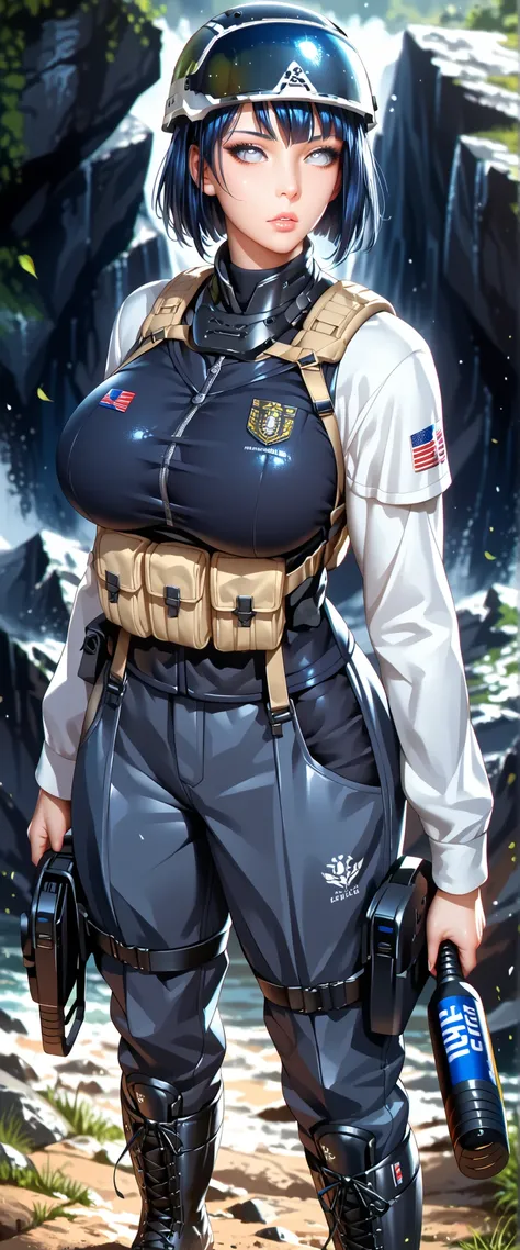 (masterpiece),(Highest quality),(High resolution),(Very detailed),One Woman,Japanese,Dark Blue Hair,Short Bob, White Eyes, Beautiful Eyes,Long eyelashes,Beautiful Hair,Beautiful Skin,strict,whole body,break, Huge Breasts, ((( SWAT Uniforms,Black bulletproo...