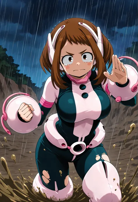 official style, anime screencap, uraraka ochako, 1girl, brown hair, brown eyes, solo, superhero, hero bodysuit, pink wrist guards, closed mouth, contrapposto, extra large breasts, (F65), looking at viewer, Standing in the middle of a barren ground covered ...