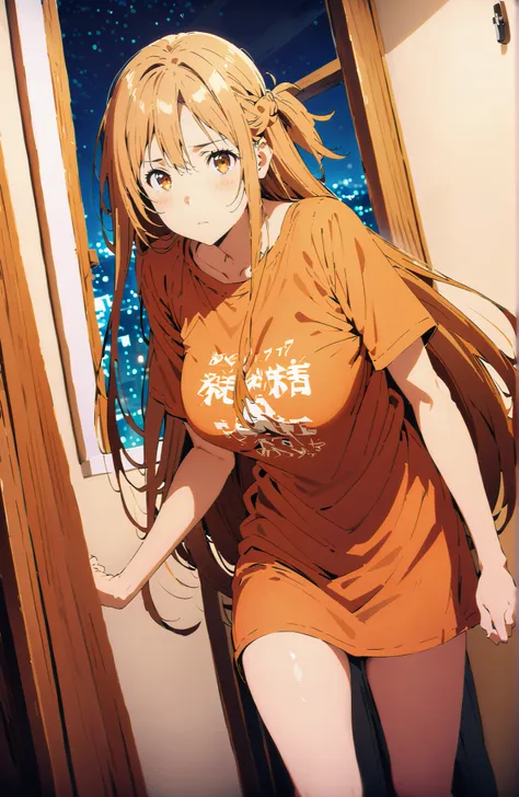 score_9, score_8_up, score_7_up, source_anime,  Asuna Yuki , long hair, bungs, Hair,brown eyes in the bedroom,Big Breasts,half updo,oversized t-shirt,black string panties,Short sleeve,Bare legs,standing, Beautiful Streetscapes, beautiful night view with de...
