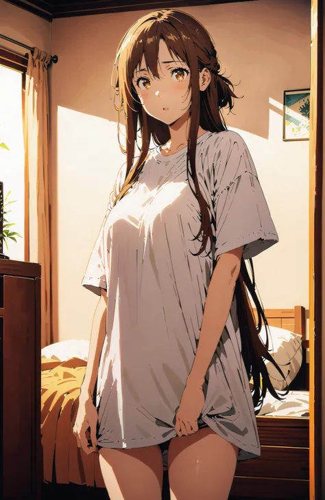 score_9, score_8_up, score_7_up, source_anime,  Asuna Yuki , long hair, bungs, Hair,brown eyes in the bedroom,Big Breasts,half updo,oversized t-shirt,black string panties,Short sleeve,Bare legs,standing, Beautiful Streetscapes, beautiful night view with de...