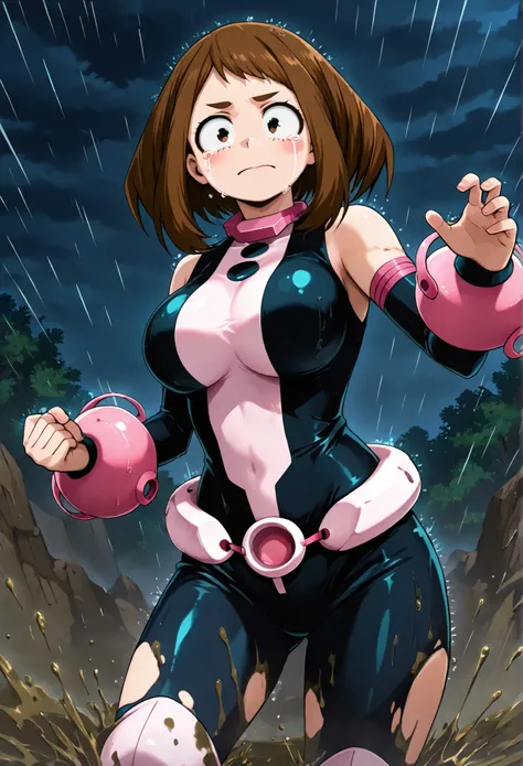 official style, anime screencap, uraraka ochako, 1girl, brown hair, brown eyes, solo, superhero, hero bodysuit, pink wrist guards, closed mouth, contrapposto, extra large breasts, (F65), looking at viewer, Standing in the middle of a barren ground covered ...