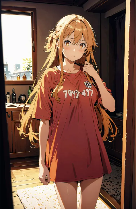 score_9, score_8_up, score_7_up, source_anime,  Asuna Yuki , long hair, bungs, Hair,brown eyes in the bedroom,Big Breasts,half updo,oversized t-shirt,black string panties,Short sleeve,Bare legs,standing, Beautiful Streetscapes, beautiful night view with de...