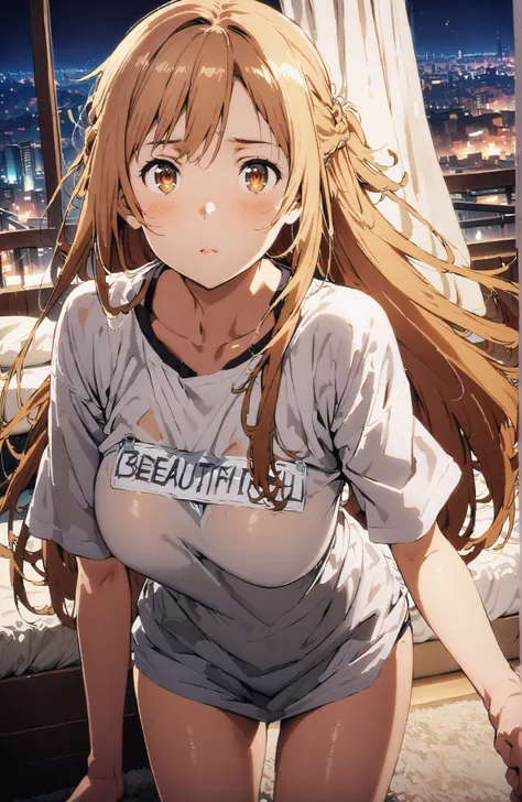score_9, score_8_up, score_7_up, source_anime,  Asuna Yuki , long hair, bungs, Hair,brown eyes in the bedroom,Big Breasts,half updo,oversized t-shirt,black string panties,Short sleeve,Bare legs,standing,From shirt tag  , cute shirt tug beautiful cityscape,...
