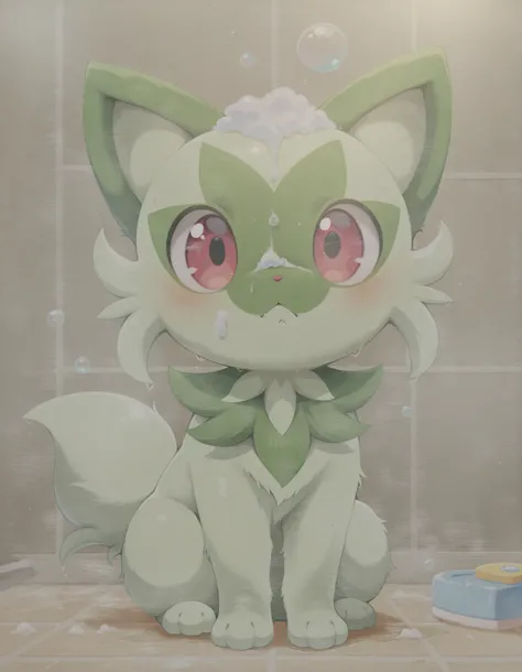 dagasistyle,, body fur, anime, (masterpiece, perfectly detailed, detailed face, detailed eyes, beautiful eyes), PokeMaster, sprigatito_pokemon, no humans, pokemon (creature), red eyes, bubble, soap bubbles, wet, :<, cat, water drop, closed mouth, tiles, i...