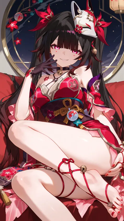 Sparkle di honkai Star rail, posing sexy while showing off her very beautiful feet, five very detailed toes, red nail polish, smug expression 