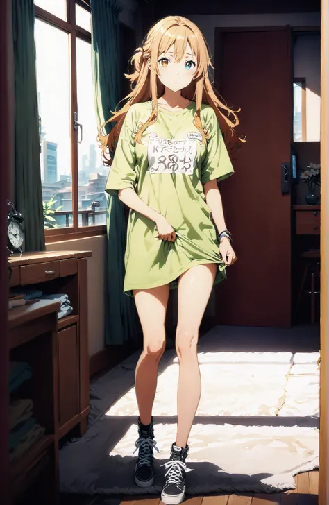score_9, score_8_up, score_7_up, source_anime,  Asuna Yuki , long hair, bungs, Hair,brown eyes in the bedroom,Big Breasts,half updo,oversized t-shirt,black string panties,Short sleeve,Bare legs,standing,From shirt tag  , cute shirt tug beautiful cityscape,...