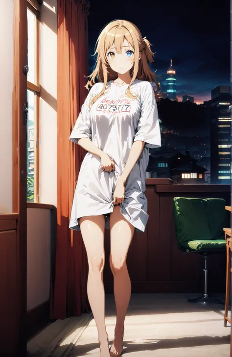 score_9, score_8_up, score_7_up, source_anime,  Asuna Yuki , long hair, bungs, Hair,brown eyes in the bedroom,Big Breasts,half updo,oversized t-shirt,black string panties,Short sleeve,Bare legs,standing,From shirt tag  , cute shirt tug beautiful cityscape,...