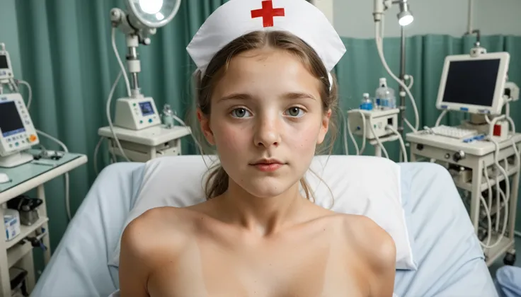 Young girl dressed as sexy nurse, nursing an elderly man in hospital, realistic portrait, detalhado, high-quality photo, brilhante,hospital environment, soft lights, white clothes, careful facial expression, realistic details, natural colors, soft focus ef...