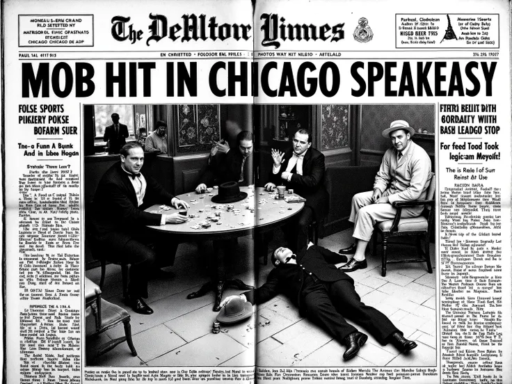 A black-and-white 1920s newspaper front page featuring a dramatic crime photo and bold headline: “Mob Hit in Chicago Speakeasy.” The page layout includes a large grainy photograph taking up most of the space, showing the aftermath of a mob hit inside a sha...