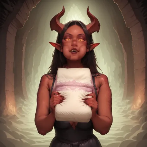 score_7_up, best quality, studio lighting, detailed, realistic, succubus, Succuredskin, dark cave, holding diaper, holding