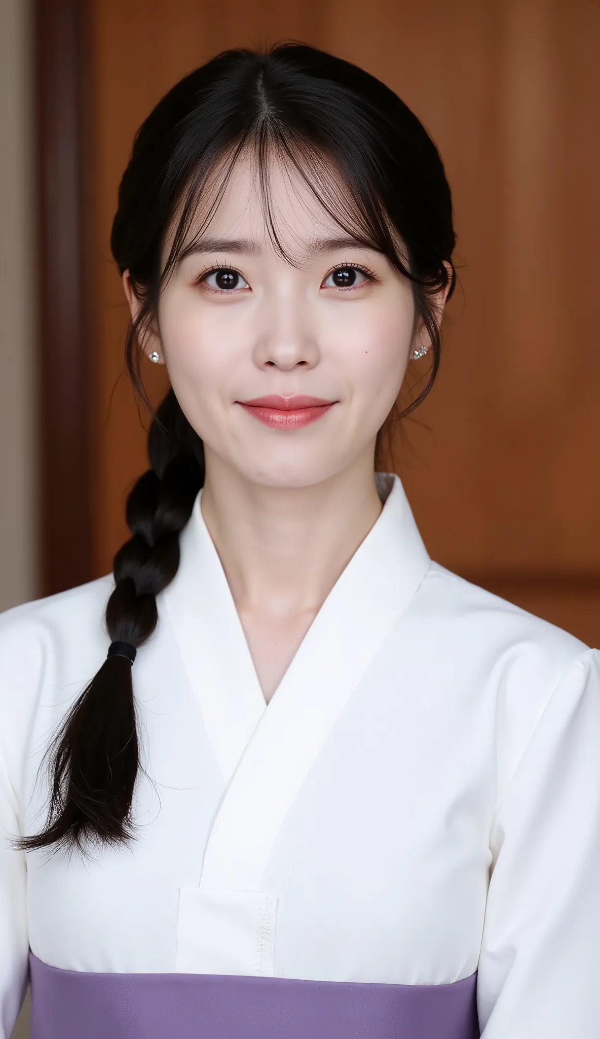 1 woman, deep eyes, (black eye:1.2), (Eyelash removal: 1.3), Detailed shoulder hairs, (dark brown hair:1.1), (very realistic:1.2), (close-up photo:0.8), (complicated:1.2), (looking at camera:1.2), (White Hanbok: 0.8), laugh, realistic face, perfectly balan...