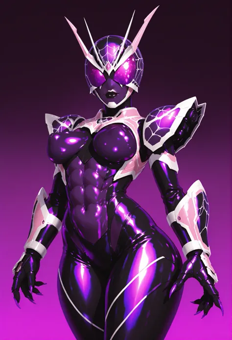 A robotic girl. Spider motif. Kamen Rider design lines. Biological machine. Black and purple image colors. Latex and metallic texture. Face helmets. Strap helmets. Spider web helmets. Stud costumes. Spiky. Devil horns. Black lips. Perky breasts. Abs. Curvy...