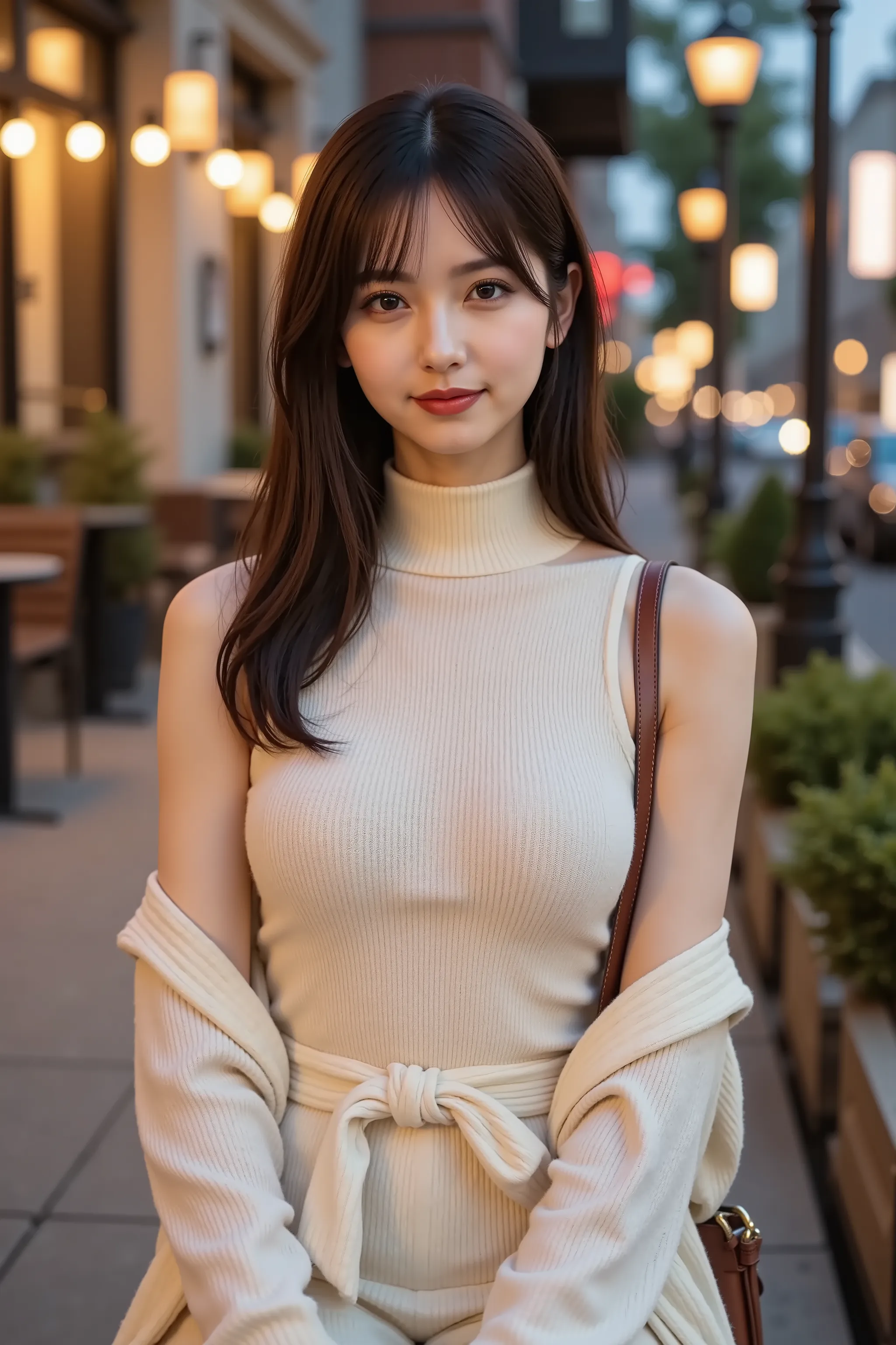 firm and big breasts, cleavage, A realistic photographic composition framed from just below the shoulder of a female subject seated on a stone bench outside a sidewalk café at dusk, ensuring her entire head is fully visible within the frame without any cro...