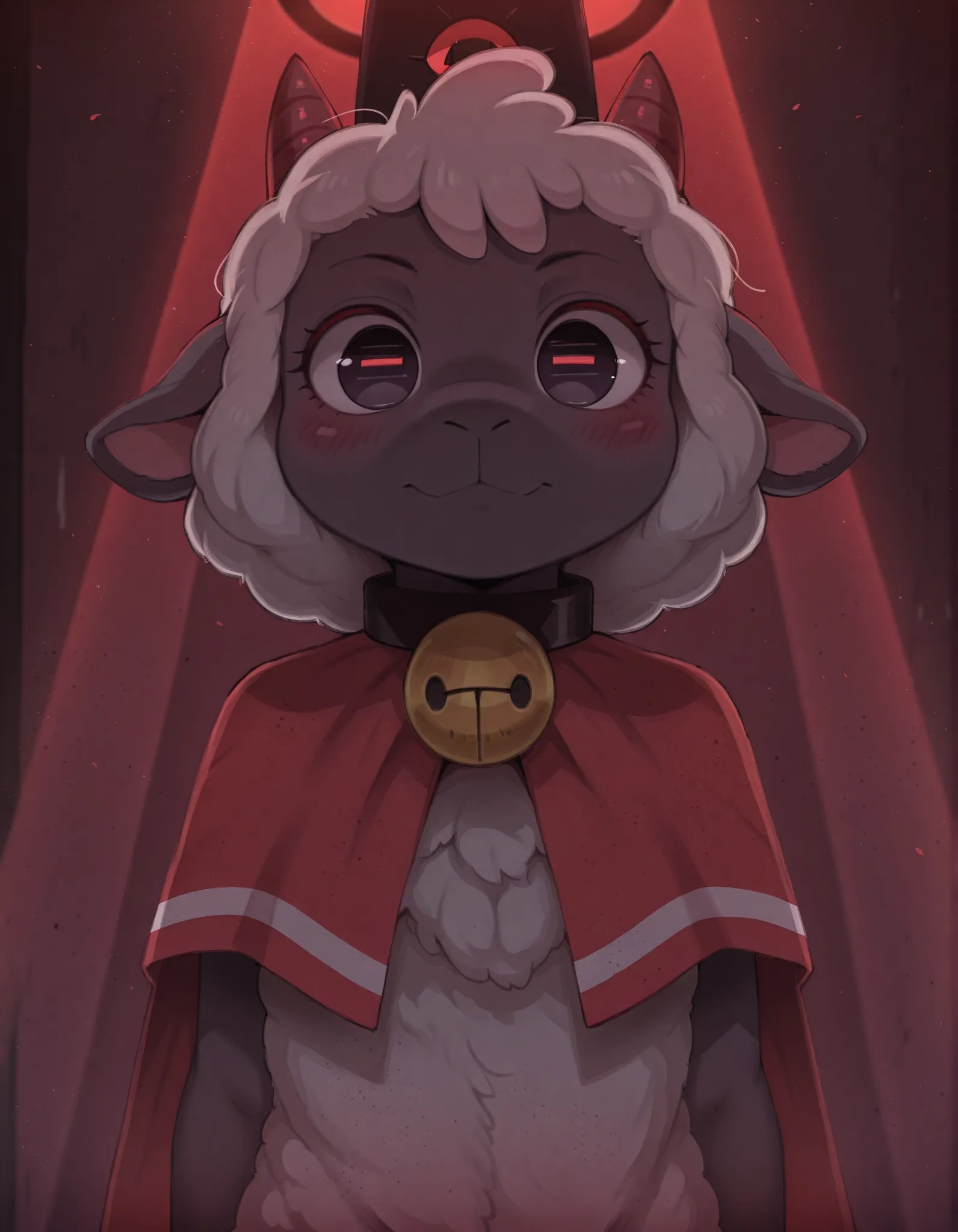 dagasistyle,, 1girl,solo, cult of the lamb, lamb_cult_of_the_lamb, anthro, female,, sheep girl, collar, horizontal pupils, red/black eyes, red crown, , gobo lighting, shadows