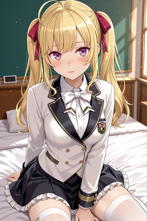 masterpiece,best quality, amazing quality, highres, absurdres, very aesthetic, high resolution, ultra detailed, perfect details,nijirion,medium breasts,purple eyes,blonde hair,twintails,ahoge,hair ribbon,nijirioncos,white shirt,white bowtie,white jacket,bl...