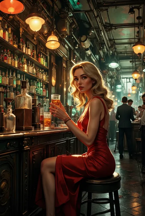 ((Underground Bar Counter highlighting Drink on the table and the glass with whiskey, woman with a drink holding it subtly with delicate elegance , (Woman in shiny short matte red dress, BLONDE WOMAN , long hair sitting at the counter of the Underground B...