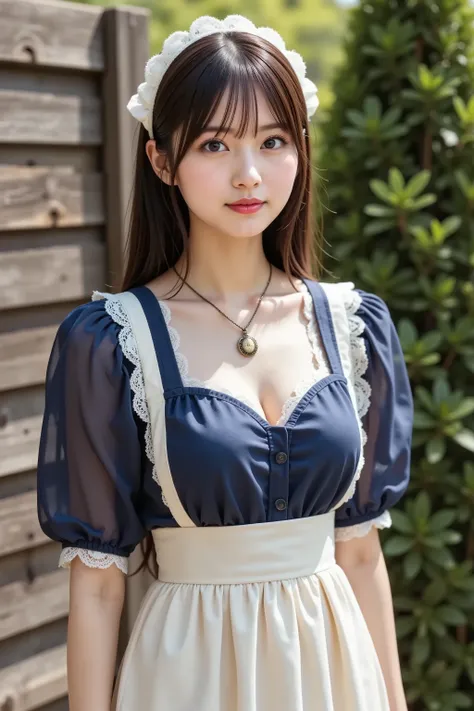 firm and big breasts, cleavage, A realistic photographic composition framed from just below the shoulder of a female subject standing outdoors before a rustic wooden fence and lush green hedge, ensuring her entire head is fully visible within the frame without cropping at the top. She wears a vintage-inspired cottagecore maid ensemble: a soft navy-blue chiffon blouse with a rounded Peter Pan collar edged in scalloped eyelash lace, the snug bodice lifting and compressing her firm, full breasts into a wide, dramatic cleavage line framed by underbust seam shaping and princess seams, taut tension folds radiating outward and specular highlights tracing the rounded contours just below the shoulder straps. The blouse features short flutter sleeves with matching lace trim, each softly billowing and revealing subtle chiffon translucency and fine topstitch detailing. Around her waist is tied a crisp white cotton apron with a wide waistband and bow at the back, the bib portion stretching across her bust to reinforce the emphasized cleavage, secured by narrow shoulder straps, and the lower skirt of the apron extending beneath the frame’s edge. She wears a simple antique brass locket necklace resting at the base of her throat, the pendant sitting just above the cleavage line and the chain’s patina and fine links rendered crisply. Beneath, a high-waisted pale linen skirt with knife pleats flares outward from her narrow waist, each pressed pleat catching soft natural light and showing linen fiber texture; the hem falls just below mid-thigh to reveal the top of lace-trimmed stockings. Behind her, the background reveals weathered horizontal oak planks with visible knots and grain patterns, and a dense boxwood hedge with sun-dappled leaves. Midday sunlight filters through overhead tree canopy, casting soft leaf-shaped shadows on fence and ground. The scene is captured at eye level using an 85 mm equivalent prime lens at f/2.2 on a full-frame sensor, producing a shallow depth of field