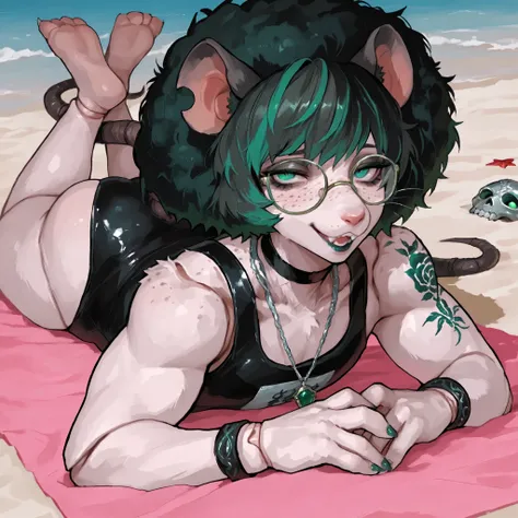 (Tall Mature Voluptuous Male furry rat), (black big curly afro with green highlights), (Green streaks in hair), (green eyes), (glowing iris), (black choker), (black leather bracelets), (Black Rose Tattoo on right shoulder), (Silver necklace with a green ja...