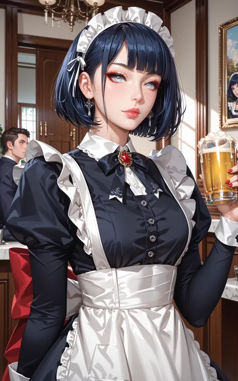 (masterpiece),(Highest quality),(High resolution),(Very detailed),One Woman,Japanese,Dark Blue Hair,Short Bob, White Eyes, Beautiful Eyes,Long eyelashes,Thick eyelashes, Dark-Red eyelashes, Beautiful Hair,Beautiful Skin,strict,whole body, Serving beer To M...