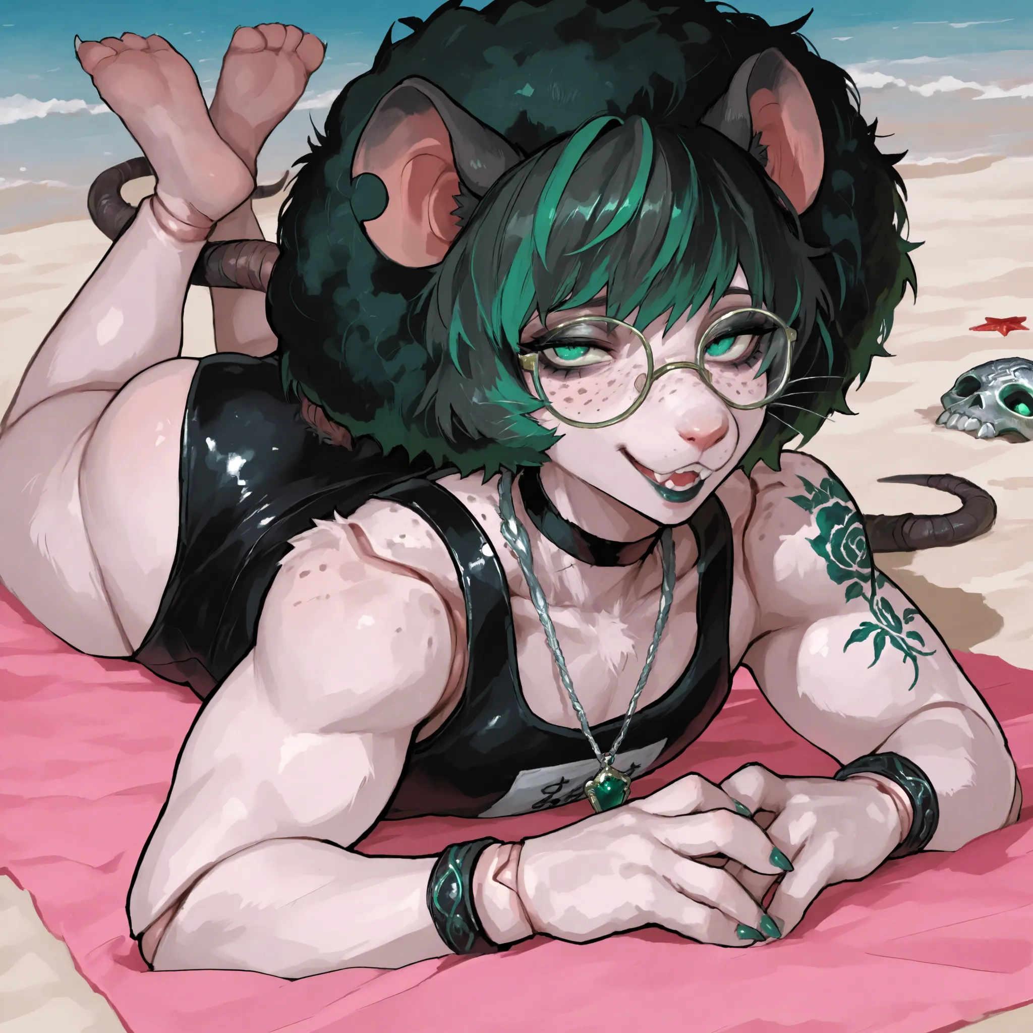 (Tall Mature Voluptuous Male furry rat), (black big curly afro with green highlights), (Green streaks in hair), (green eyes), (glowing iris), (black choker), (black leather bracelets), (Black Rose Tattoo on right shoulder), (Silver necklace with a green ja...