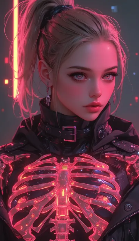 ((ZPdXl3)), ( score _9), ( score _8_up, score _7_up), girl, L0LSPLH, 2024, 2023, Western Studio , sixmorevodka , G0thicPxl,Real movie style, Highly detailed digital illustration , narrates a stunning cyberpunk female's ribs and lock bone neon lights , skin...