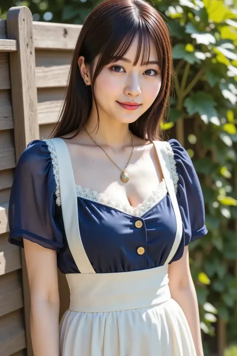 firm and big breasts, cleavage, A realistic photographic composition framed from just below the shoulder of a female subject standing outdoors before a rustic wooden fence and lush green hedge, ensuring her entire head is fully visible within the frame without cropping at the top. She wears a vintage-inspired cottagecore maid ensemble: a soft navy-blue chiffon blouse with a rounded Peter Pan collar edged in scalloped eyelash lace, the snug bodice lifting and compressing her firm, full breasts into a wide, dramatic cleavage line framed by underbust seam shaping and princess seams, taut tension folds radiating outward and specular highlights tracing the rounded contours just below the shoulder straps. The blouse features short flutter sleeves with matching lace trim, each softly billowing and revealing subtle chiffon translucency and fine topstitch detailing. Around her waist is tied a crisp white cotton apron with a wide waistband and bow at the back, the bib portion stretching across her bust to reinforce the emphasized cleavage, secured by narrow shoulder straps, and the lower skirt of the apron extending beneath the frame’s edge. She wears a simple antique brass locket necklace resting at the base of her throat, the pendant sitting just above the cleavage line and the chain’s patina and fine links rendered crisply. Beneath, a high-waisted pale linen skirt with knife pleats flares outward from her narrow waist, each pressed pleat catching soft natural light and showing linen fiber texture; the hem falls just below mid-thigh to reveal the top of lace-trimmed stockings. Behind her, the background reveals weathered horizontal oak planks with visible knots and grain patterns, and a dense boxwood hedge with sun-dappled leaves. Midday sunlight filters through overhead tree canopy, casting soft leaf-shaped shadows on fence and ground. The scene is captured at eye level using an 85 mm equivalent prime lens at f/2.2 on a full-frame sensor, producing a shallow depth of field