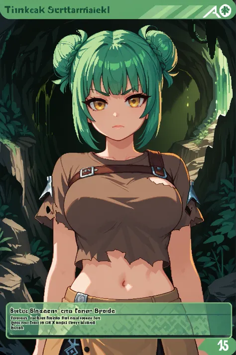 score_9, score_8_up, score_7_up, source_anime, solo, pixel art, tr4dingcard, card (medium), english_text, N, trading_card, white_trade_card_frames, kemonomimi, 1girl, solo BREAK
Large breasts, green hair BREAK short hair, double bun, (bun cover), yellow ...