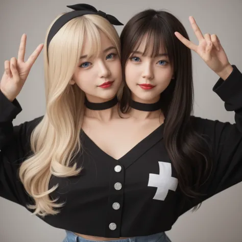 best resolution,2girls with two heads, conjoined, different eye colors, brown eyes, blue eyes, different hair color, blonde hair, black hair, different faces, different facial expressions,jeans, blacktop with baggy sleeves, chokers, black hairband with bow...
