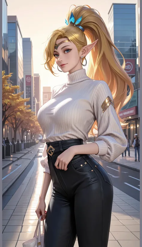 masterpiece, best quality, ultra-detailed, absurdres, newest,1girl, solo,miyapriestess, long hair, blonde hair, blue eyes, hair ornament, elf,high ponytail, pointy ears, casual outfit, white turtleneck sweater, black skinny jeans,  silver hoop earrings, st...