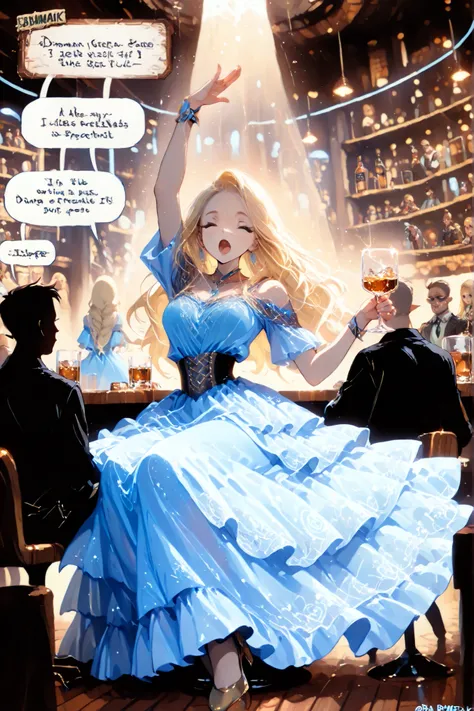 ((Underground Bar Counter highlighting Drink on the table and the glass with whiskey, woman holding drink subtly with a delicate elegance , (Woman in shiny short matte blue dress , BLONDE WOMAN , long hair sitting at the counter of the Underground Bar, in...