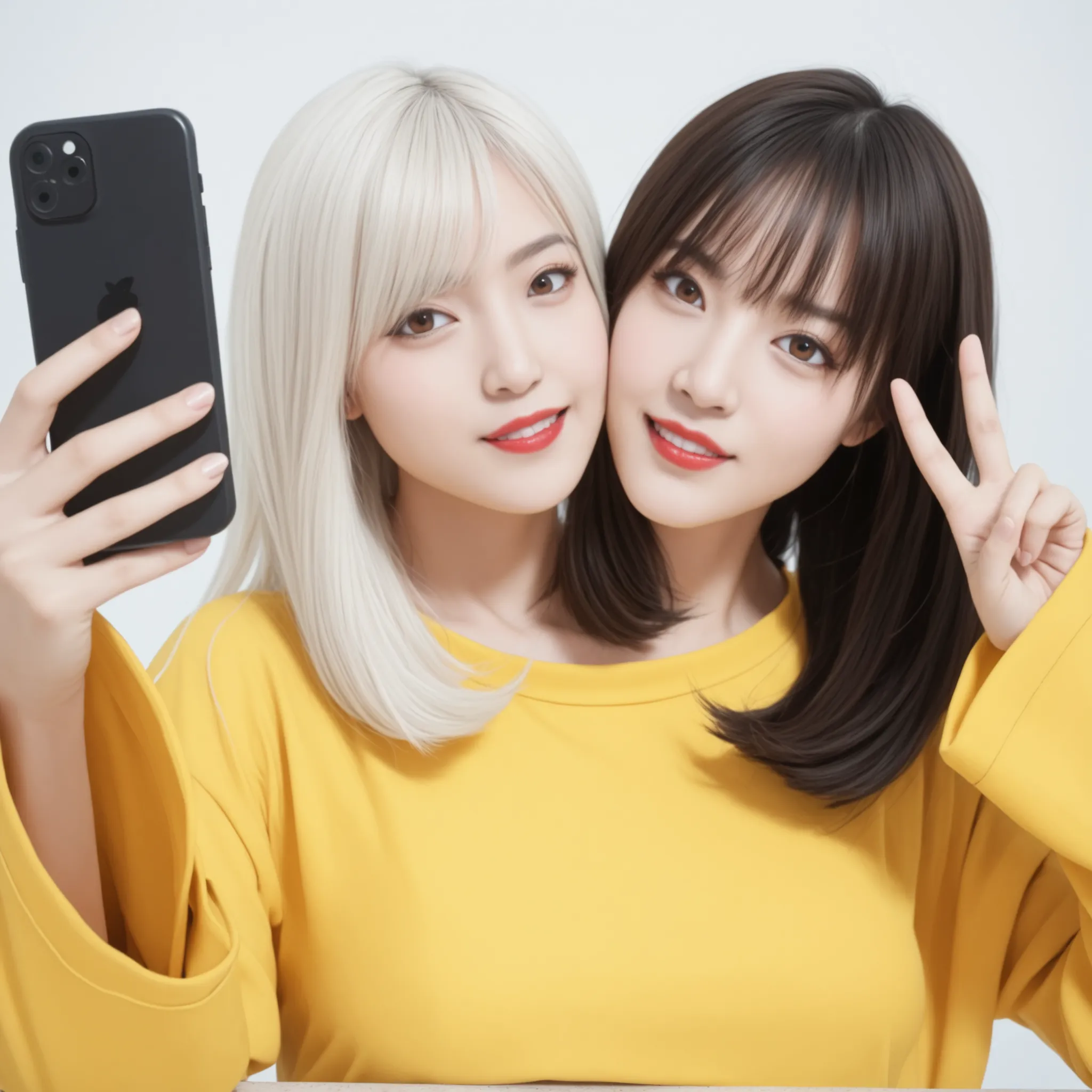 best resolution,2girls with two heads, conjoined, brown eyes, different hair color, platinum blonde hair, black hair, different faces, different facial expressions, yellow-orange top with baggy sleeves, chokers, black hairband with bow, red lipstick, peac...