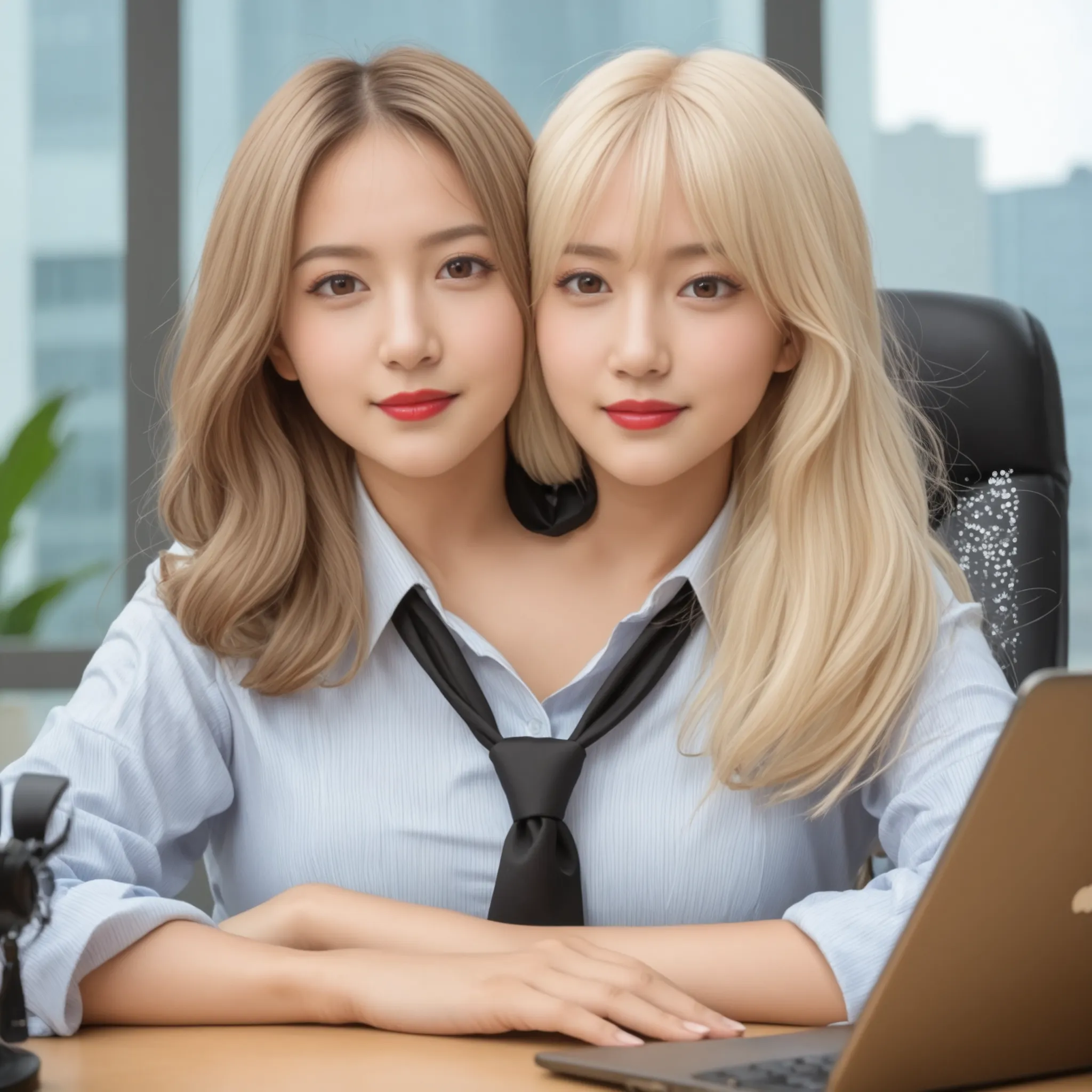 best resolution,2girls with two heads, conjoined, brown eyes, different hair color, platinum blonde hair,brown hair, different faces, different facial expressions, office button shirt, black tie, office background, red lipstick, peace sign, realism, detai...