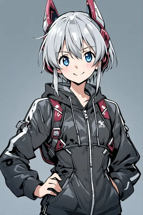 blue eyes、long gray hair、boyish、straight jacket、headgear、(Magical Girl、smile) 、((Young physique、 lori))、anime style、high image quality、High Quality、、sexy、erotic