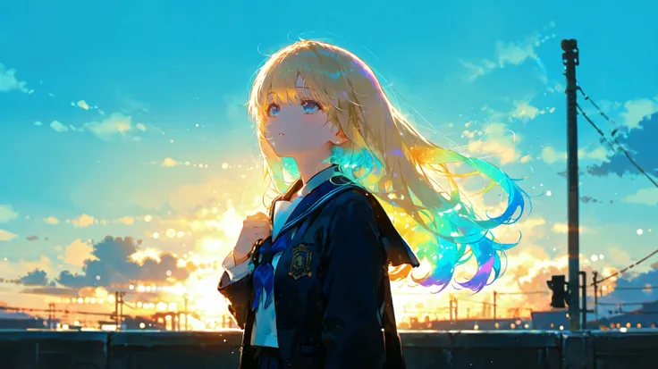 1girl, vivit colors, blond hair, multicolored hair,school uniform, cinematic lighting, cinematic angle, soft light, color detail, backlighting, Depth of field, long exposure, light steps, intricate colors, vibrant colors, 748cmstyle,
A girl standing st...