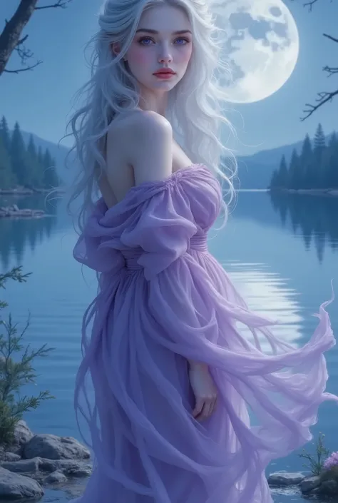 garota,long white hair，purple dress，，camponesa, violet eyes, poderes, lua, humana,  near a lake