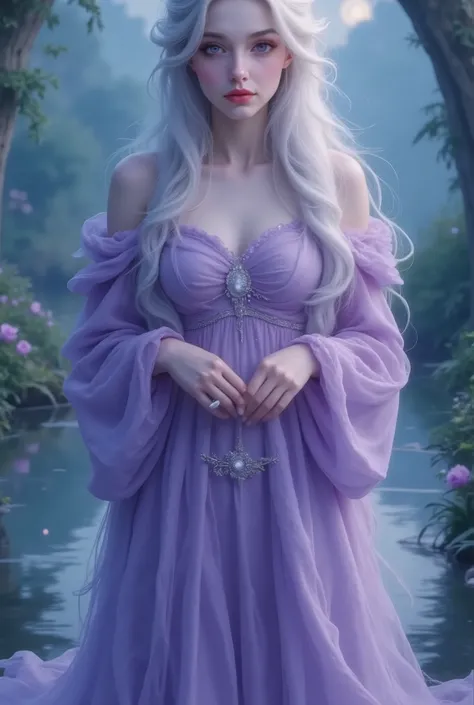 garota,long white hair，purple dress，，camponesa, violet eyes, poderes, lua, humana,  near a lake, in the center and in the frame