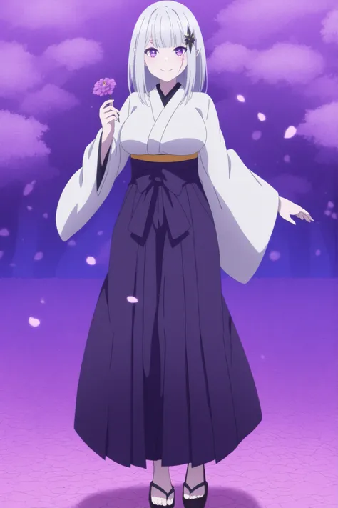 score_7_up, anime screencap, Satella, 1girl, Anime, 1girl, pointy ears, hair ornament, silver hair, smiles, purple eyes, Big breasts, japanese clothes, petals, scar, sandals, hakama, hakama skirt, holding flower