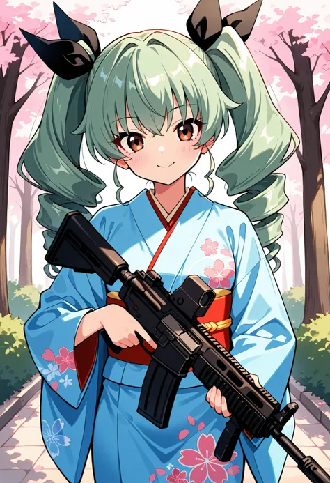 Highest Quality、high resolution、standing、frontal shot、newest, 1 girl on break day, (Has a black assault rifle:1.2) ,anchovy garpan,green hair, long hair, twin drill , Bangs,  hair bow,beautiful brown eyes, light blue kimono (Japanese kimono:1.2), (振袖 cherr...