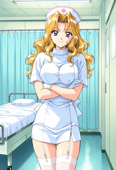 Score_9, score_8_up, score_7_up, source_anime, ShindouReiko, solo, blonde hair, long hair, wavy hair, purple eyes, large breasts, 1990s (style), kadoi aya style, (best quality), (high quality), {masterpiece}, extremely delicate and beautiful, ultra-detaile...