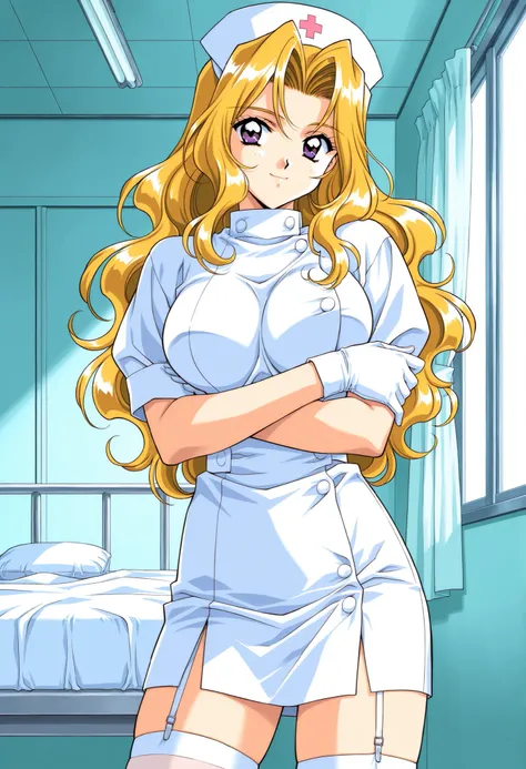 Score_9, score_8_up, score_7_up, source_anime, ShindouReiko, solo, blonde hair, long hair, wavy hair, purple eyes, large breasts, 1990s (style), kadoi aya style, (best quality), (high quality), {masterpiece}, extremely delicate and beautiful, ultra-detaile...
