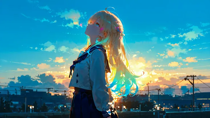 1girl, vivit colors, blond hair, multicolored hair,navy school uniform, cinematic lighting, cinematic angle, soft light, color detail, backlighting, Depth of field, long exposure, light steps, intricate colors, vibrant colors, 748cmstyle, A girl standin...