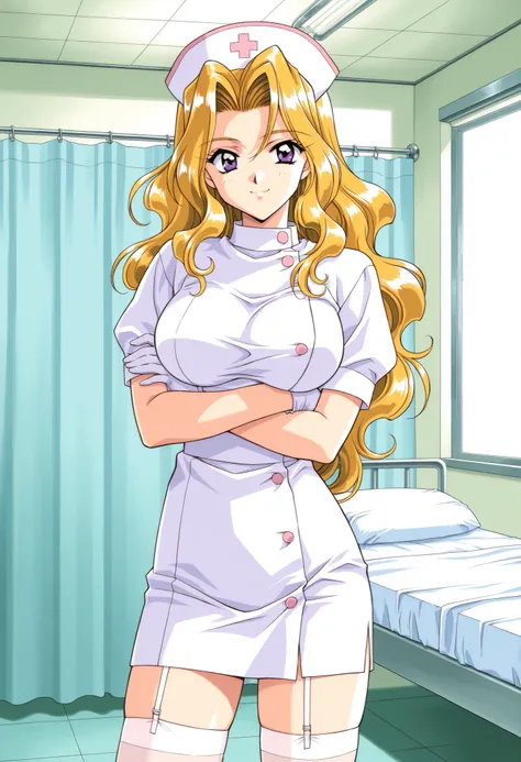 Score_9, score_8_up, score_7_up, source_anime, ShindouReiko, solo, blonde hair, long hair, wavy hair, purple eyes, large breasts, 1990s (style), kadoi aya style, (best quality), (high quality), {masterpiece}, extremely delicate and beautiful, ultra-detaile...
