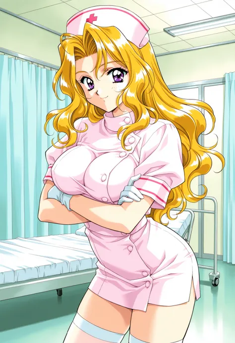 Score_9, score_8_up, score_7_up, source_anime, ShindouReiko, solo, blonde hair, long hair, wavy hair, purple eyes, large breasts, 1990s (style), kadoi aya style, (best quality), (high quality), {masterpiece}, extremely delicate and beautiful, ultra-detaile...