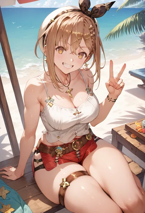  Masterpiece,  top quality,  Hi-Res,   very detailed CG , 2nd Default,   asymmetrical design costume,  Bare Thighs , belt, chest, teeth,  is laughing,  beach,1teen young_girl,white_camisole,large_breasts,large_thighs,short_shorts,apart_legs,raise_fist,sitt...