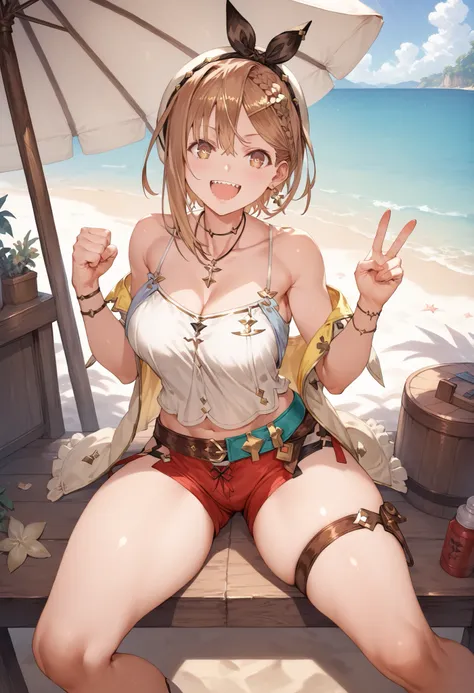  Masterpiece,  top quality,  Hi-Res,   very detailed CG , 2nd Default,   asymmetrical design costume,  Bare Thighs , belt, chest, teeth,  is laughing,  beach,1teen young_girl,white_camisole,large_breasts,large_thighs,short_shorts,apart_legs,raise_fist,sitt...