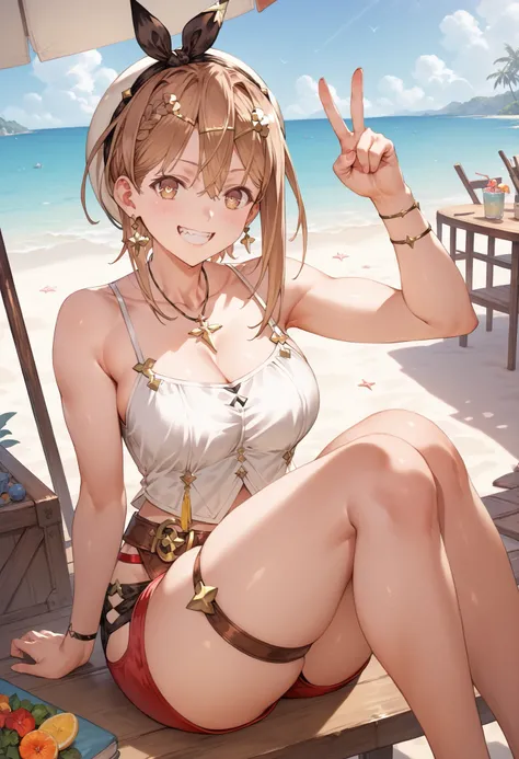  Masterpiece,  top quality,  Hi-Res,   very detailed CG , 2nd Default,   asymmetrical design costume,  Bare Thighs , belt, chest, teeth,  is laughing,  beach,1teen young_girl,white_camisole,large_breasts,large_thighs,short_shorts,apart_legs,raise_fist,sitt...